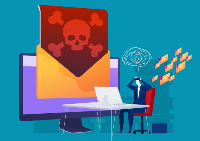 Stressed office worker at a desk as a skull-marked malicious email pops out of a computer monitor while warning-flagged envelopes swarm in the background