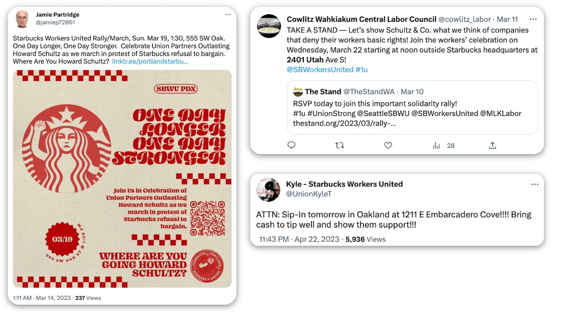 Tweets promoting Starbucks Workers United rallies, marches, and sit-ins at different U.S. locations, advocating worker solidarity and urging public support