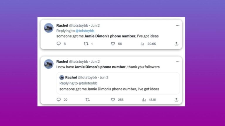 Two tweets from user Rachel (@tolstoybb) dated June 2; the first asks for Jamie Dimon’s phone number, the second says she now has it and thanks followers, quoting the initial tweet