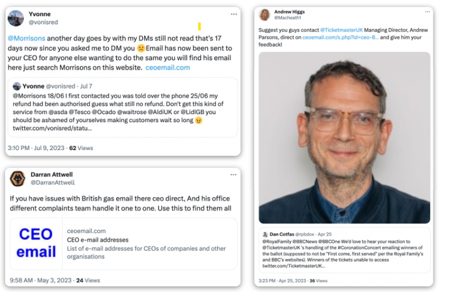 Collage of tweets encouraging users to contact company CEOs through ceoemail.com, including complaints to Morrisons and British Gas and advice to email Ticketmaster UK’s managing director, accompanied by a portrait within one tweet