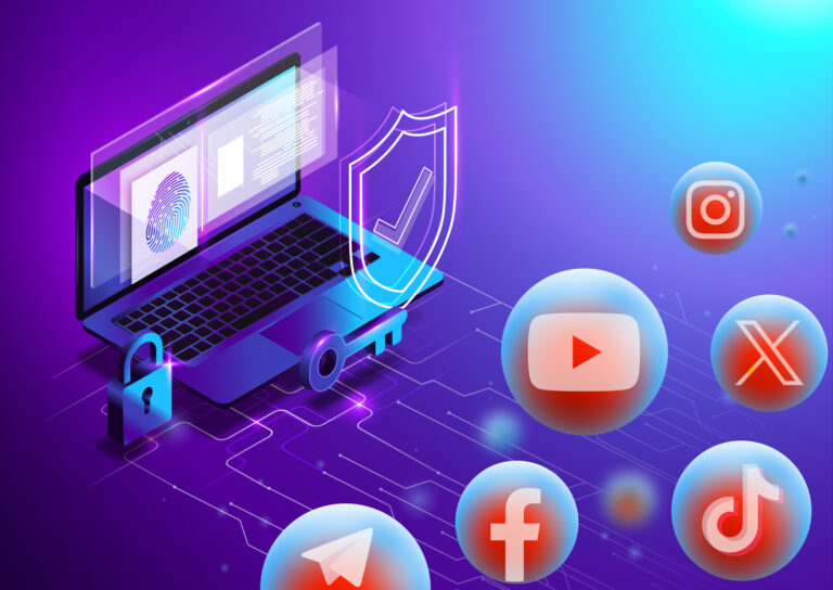 Laptop displaying fingerprint authentication with neon shield, padlock and key, surrounded by YouTube, Instagram, X, Facebook, TikTok and Telegram icons on a purple gradient background