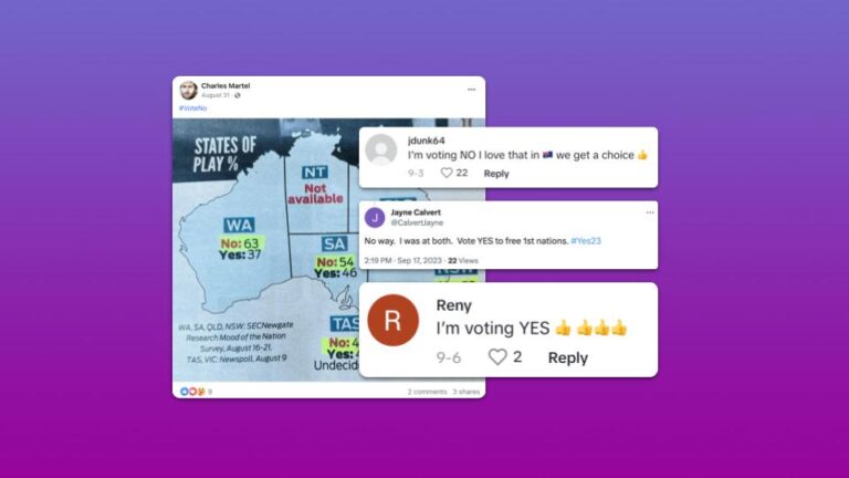 Composite graphic showing a Facebook map of Australian Voice referendum polling results with Western Australia at 63% No and 37% Yes, overlaid by user comments expressing both opposition and support
