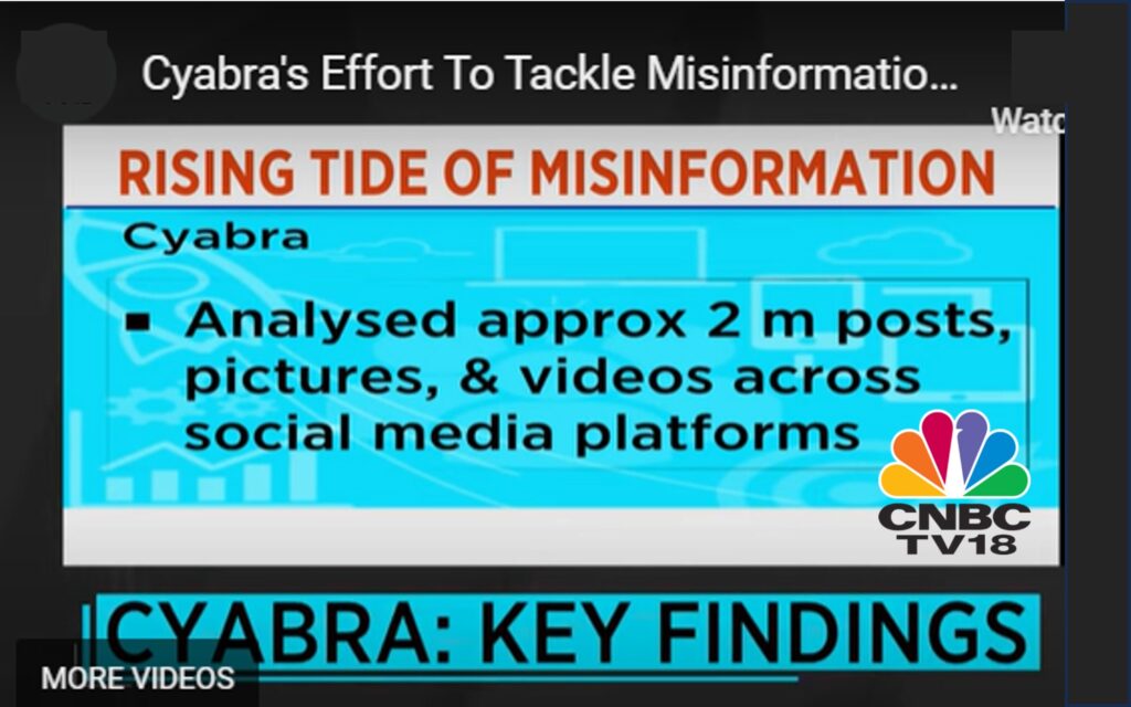 CNBC TV18 graphic titled 'Rising Tide of Misinformation' summarising Cyabra analysis of about two million social-media posts, pictures and videos