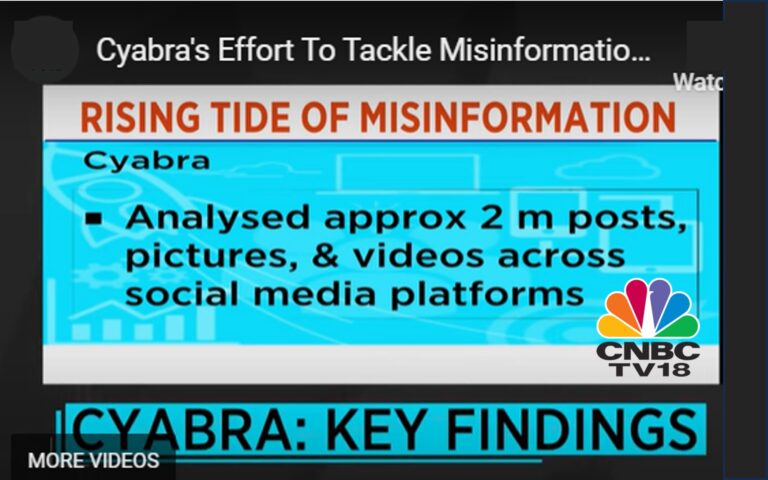 CNBC TV18 graphic titled 'Rising Tide of Misinformation' summarising Cyabra analysis of about two million social-media posts, pictures and videos