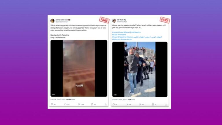 Two Twitter posts labeled with red FAKE stamps on a purple gradient background, illustrating examples of misinformation circulating about the Hamas–Israel war