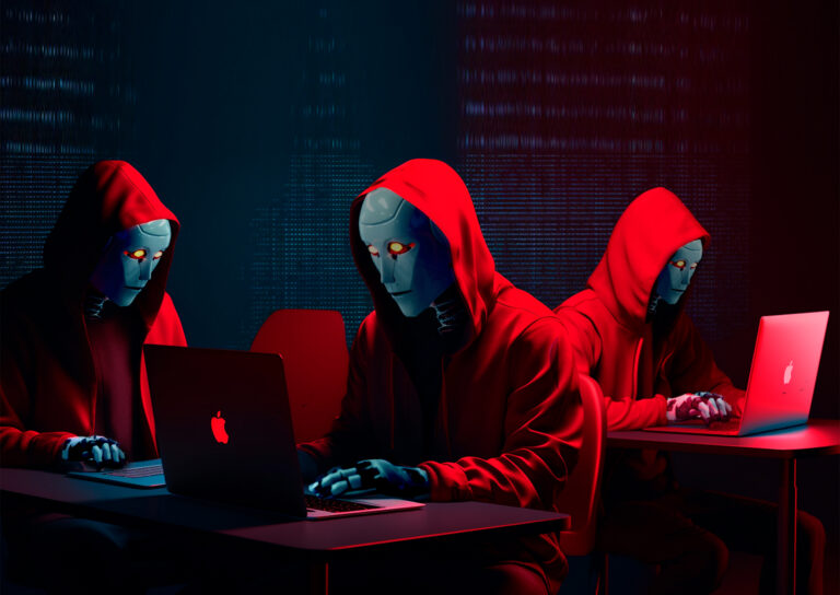 Three hooded humanoid robots typing on glowing laptops in a dark room, symbolizing malicious use of generative AI
