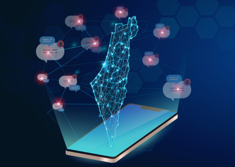 Digital wireframe map of Israel emerging from a smartphone, connected to chat bubbles that represent social media conversations and online network activity
