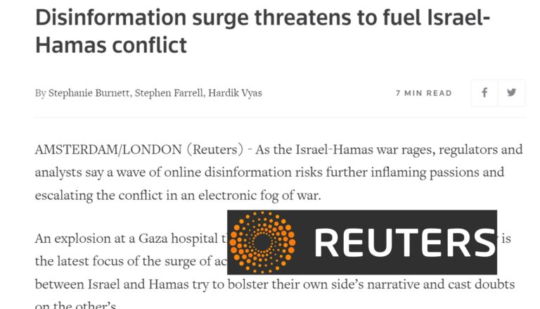 Reuters article page showing the headline 'Disinformation surge threatens to fuel Israel-Hamas conflict' with byline, reading-time tag, social share icons, and an overlaid Reuters logo