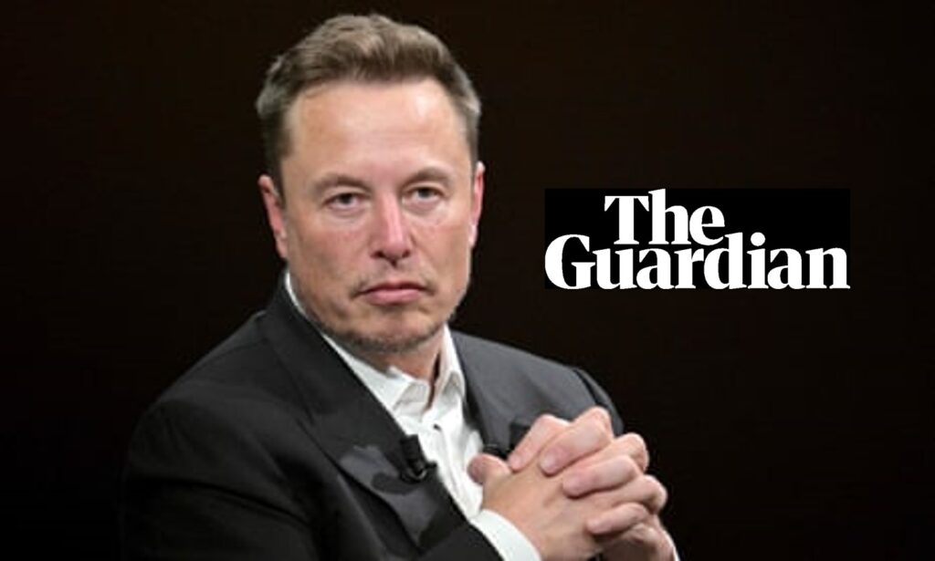 Serious-looking man in a black suit clasping his hands against a dark background with The Guardian logo