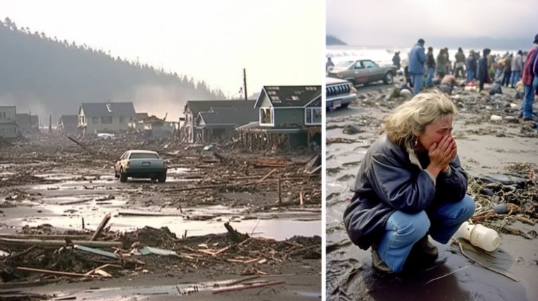 Composite image depicting a debris-strewn coastal town after a tsunami on the left and a distressed woman kneeling on the muddy shoreline on the right, illustrating how AI-generated visuals can be used to spread disaster disinformation