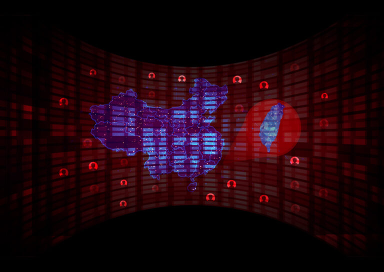 China and Taiwan highlighted on a blue digital map over a red data matrix, evoking cyber surveillance and bot activity