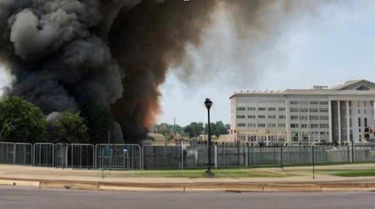 Plume of black smoke rising next to a neoclassical government building, depicting a supposed explosion outside the Pentagon used in disinformation