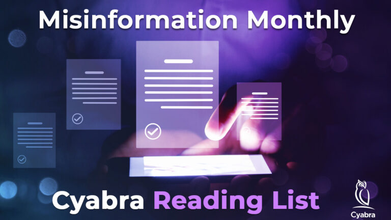 Purple-toned illustration of floating document icons above a glowing smartphone, overlaid with the words “Misinformation Monthly” and “Cyabra Reading List”