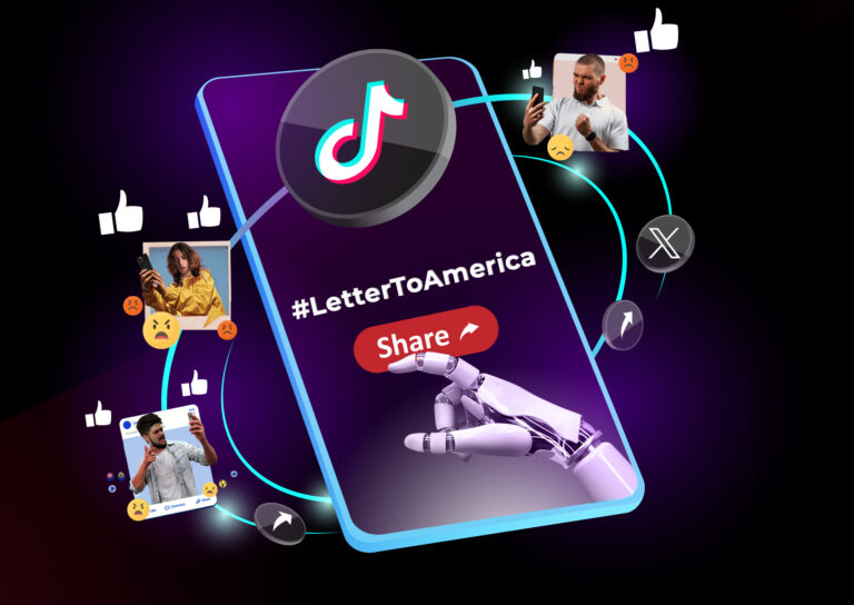 Illustration of a smartphone displaying the TikTok logo and hashtag #LetterToAmerica, with a robotic hand poised to press a red Share button, surrounded by social media reaction icons and user avatars symbolizing automated amplification of content