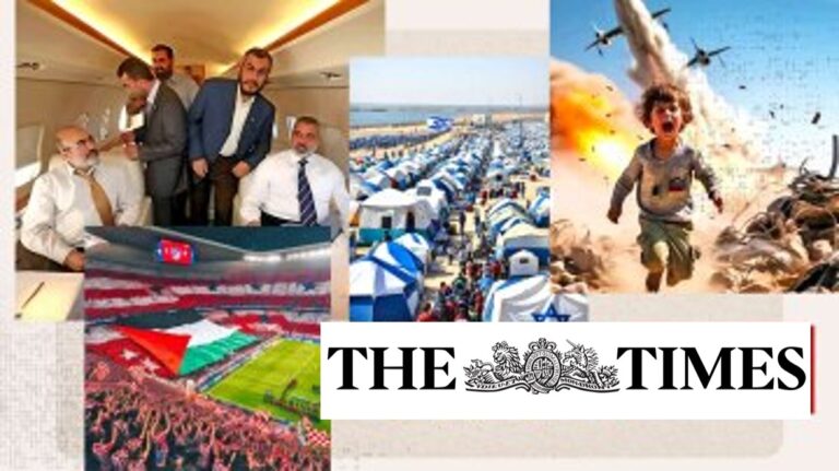 Collage juxtaposing Middle East conflict imagery: suited men inside a private jet, a vast refugee camp of blue-and-white tents, a child fleeing an explosion with jets overhead, and football fans unfurling a large Palestinian flag in a stadium, all beneath The Times masthead