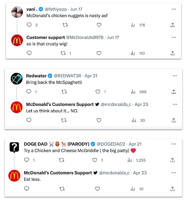Fake McDonald’s profiles took every opportunity to taunt customers. 