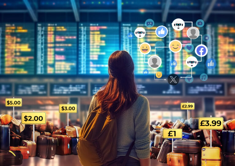 Traveler facing airport departure boards and piles of abandoned suitcases with price tags while social-media icons float overhead, illustrating luggage sale scams