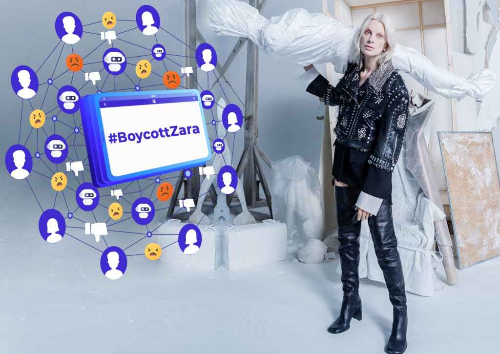 Fashion model in edgy Zara-style outfit stands in studio beside an illustrated social-media network filled with bot icons, angry emojis, thumbs-down symbols and a tablet reading #BoycottZara, symbolizing an automated online boycott campaign