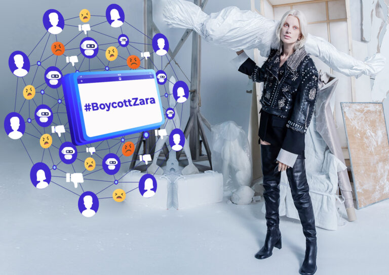 Fashion model in edgy Zara-style outfit stands in studio beside an illustrated social-media network filled with bot icons, angry emojis, thumbs-down symbols and a tablet reading #BoycottZara, symbolizing an automated online boycott campaign