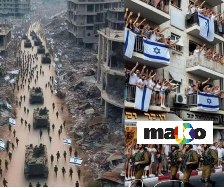 Digitally manipulated collage showing tanks and soldiers advancing along a rubble-strewn city street with Israeli flags, paired with cheering civilians on apartment balconies also displaying Israeli flags