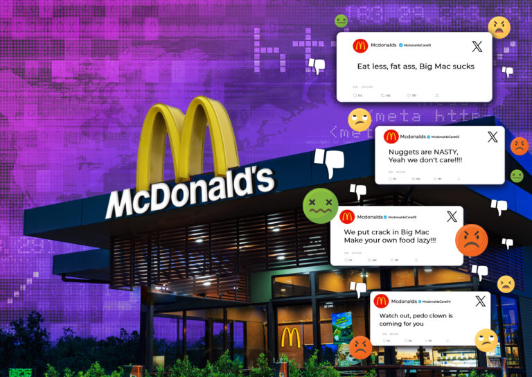 McDonald’s restaurant facade on a purple pixelated tech backdrop, surrounded by vulgar fake tweets and angry reaction emojis that illustrate social media impersonators tarnishing the brand
