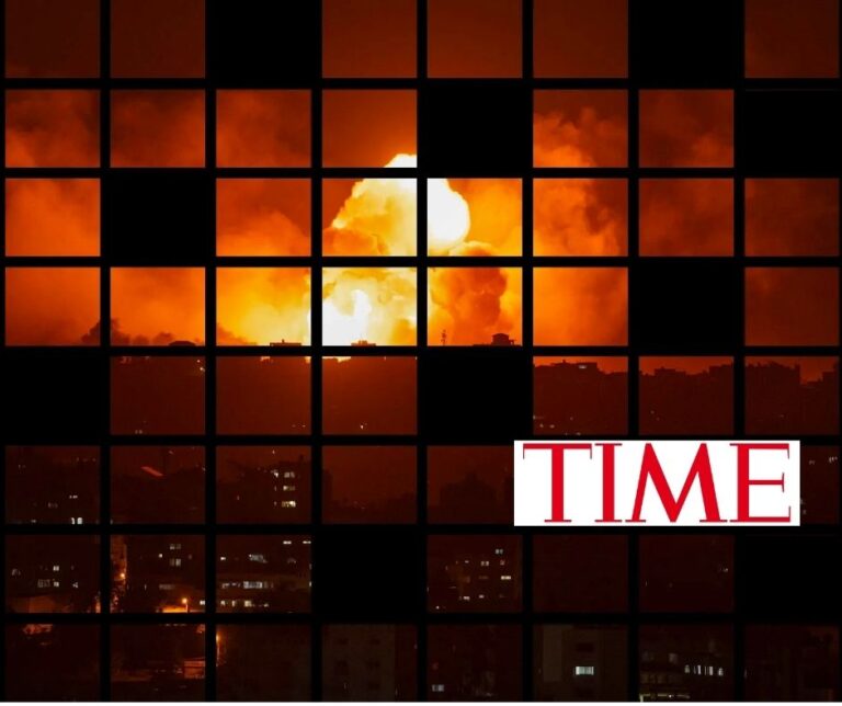 Grid of black squares framing a fiery nighttime explosion above a city skyline, evoking fragmented media perspectives on the Israel-Hamas conflict with the TIME logo in the lower right