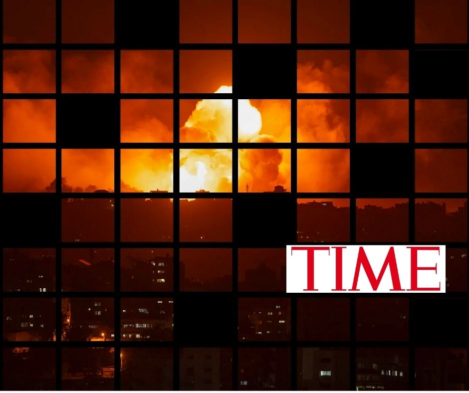 Grid of black squares framing a fiery nighttime explosion above a city skyline, evoking fragmented media perspectives on the Israel-Hamas conflict with the TIME logo in the lower right