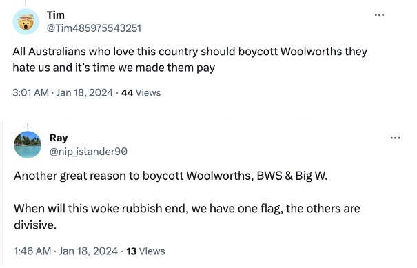 Fake profiles attacking Woolworths. 