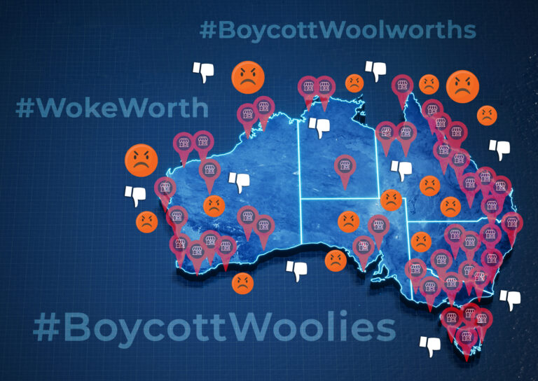 Map of Australia overlaid with #BoycottWoolworths, #BoycottWoolies and #WokeWorth slogans, red location pins marked as Woolworths stores, and angry face and thumbs-down icons showing nationwide boycott sentiment