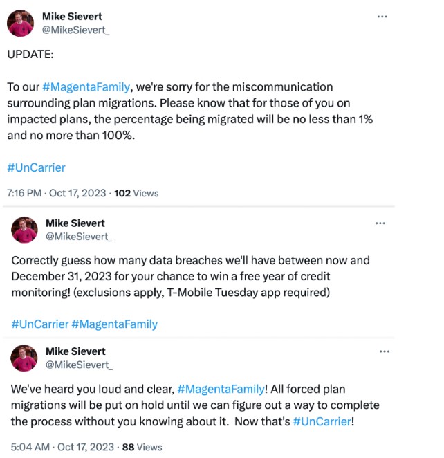 Three tweets from an impersonated Mike Sievert account joking about T-Mobile plan migrations, data breaches, and temporary policy changes, using hashtags #MagentaFamily and #UnCarrier