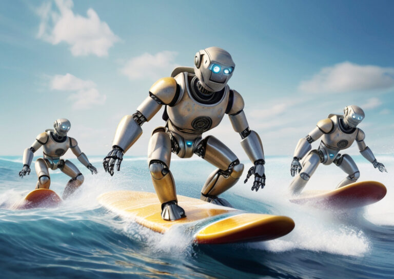 Robots riding surfboards on bright ocean waves, visualizing a swarm of social-media bots affecting the Rip Curl brand