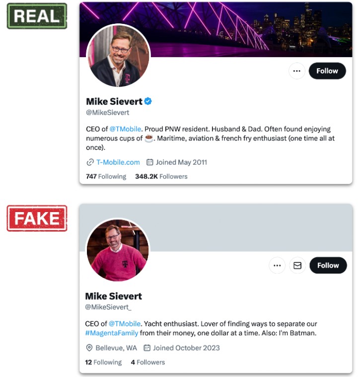Comparison graphic showing authentic social media profile marked Real with verification badge, colorful cityscape header, and hundreds of thousands of followers above an imposter profile marked Fake with few followers and plain gray header, highlighting cues to spot fraudulent accounts
