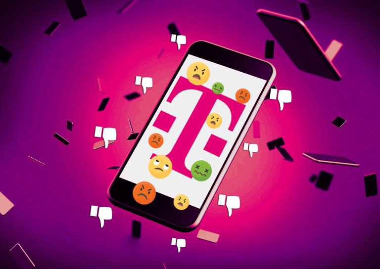 Smartphone displaying the T-Mobile logo surrounded by frowning and nauseated emoji faces and thumbs-down icons, symbolizing customer frustration and impersonation risks