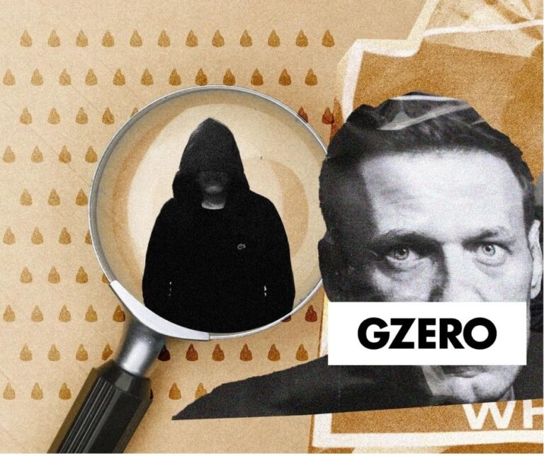 Magnifying glass highlighting a hooded anonymous figure beside a black-and-white photo of Alexei Navalny, symbolizing an investigation into coordinated anti-Navalny bot activity