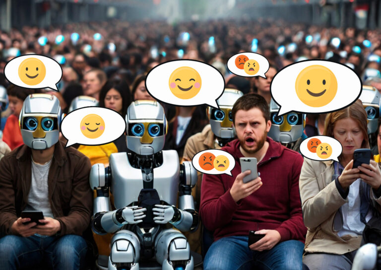 Humans and humanoid robots in a crowded setting using smartphones, surrounded by speech bubbles filled with happy and angry emojis to symbolize bot-driven social media reactions during a cellular outage