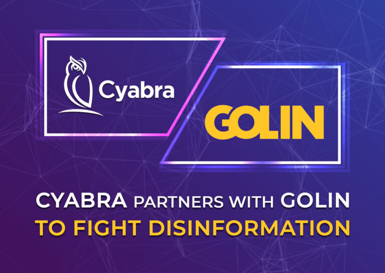 Cyabra and Golin logos with headline 'Cyabra partners with Golin to fight disinformation' on a purple network-patterned background