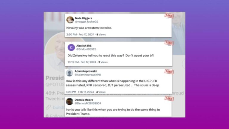 Four faked social media posts with inflammatory remarks about Navalny, Zelensky and U.S. politics, each marked with a red FAKE stamp