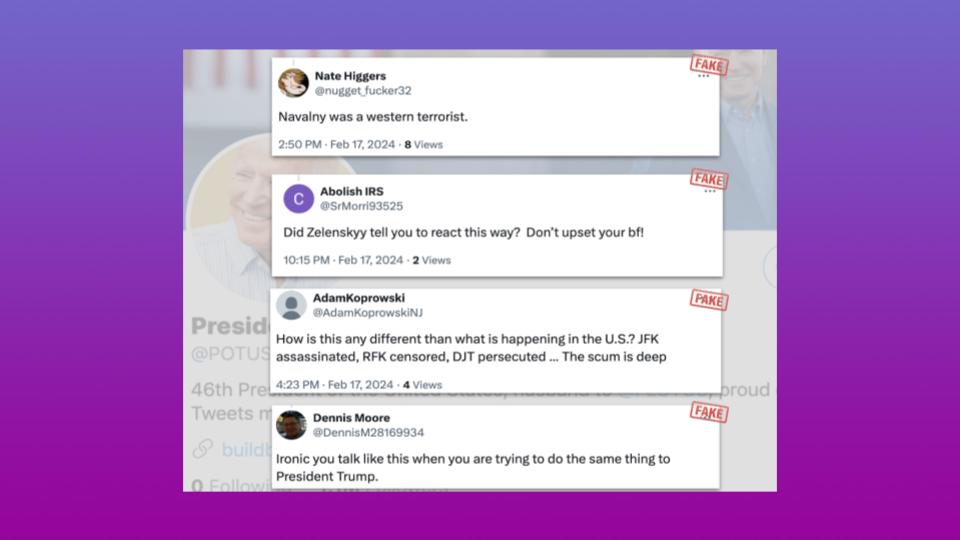 Four faked social media posts with inflammatory remarks about Navalny, Zelensky and U.S. politics, each marked with a red FAKE stamp