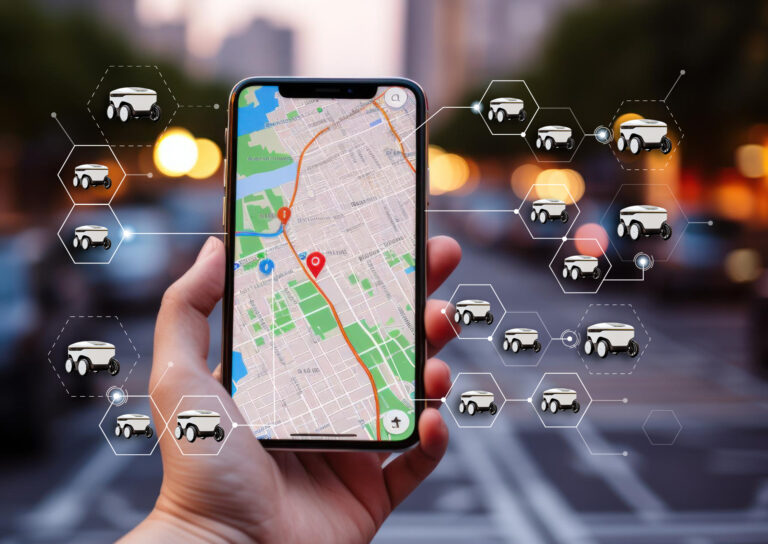 Hand holding a smartphone displaying a city map with location pins, overlaid with network graphics connecting multiple small autonomous delivery robots against an urban street background