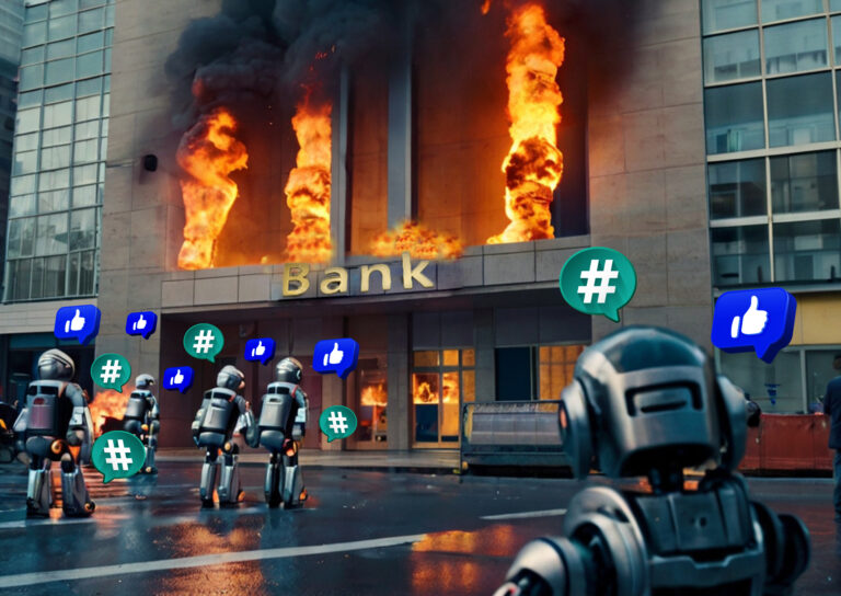 Robots representing social media bots gather in front of a bank engulfed in flames, with floating like and hashtag icons illustrating online chatter