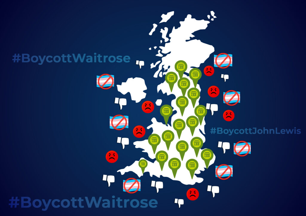 Map of the UK filled with green location pins marking Waitrose stores, surrounded by crossed-out transgender flags, angry face and thumbs-down icons, and large hashtags #BoycottWaitrose and #BoycottJohnLewis on a dark blue backdrop