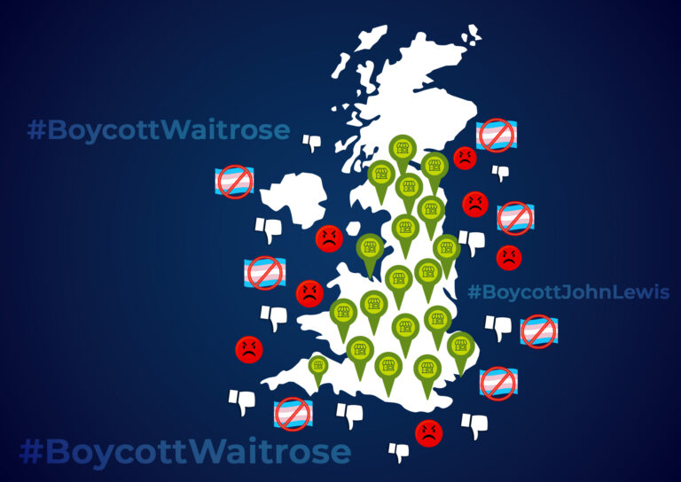 Map of the UK filled with green location pins marking Waitrose stores, surrounded by crossed-out transgender flags, angry face and thumbs-down icons, and large hashtags #BoycottWaitrose and #BoycottJohnLewis on a dark blue backdrop