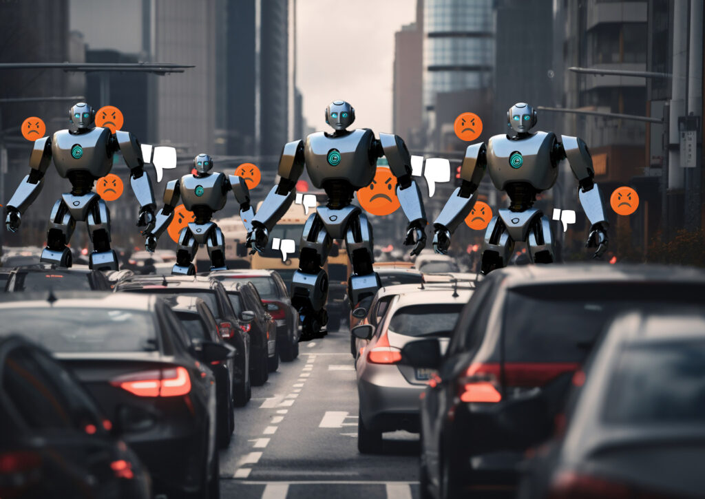 Giant robot figures symbolizing online bots loom over congested city traffic, pelting autonomous cars with angry-face and thumbs-down icons to portray a coordinated negativity campaign against self-driving vehicles