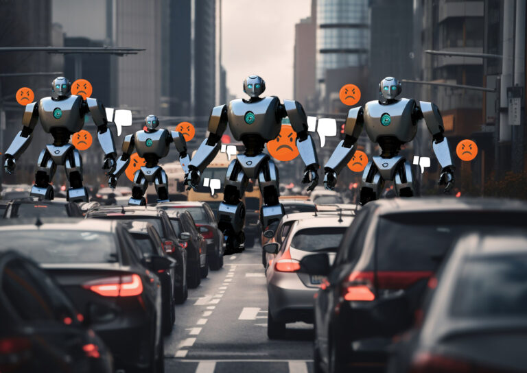 Giant robot figures symbolizing online bots loom over congested city traffic, pelting autonomous cars with angry-face and thumbs-down icons to portray a coordinated negativity campaign against self-driving vehicles