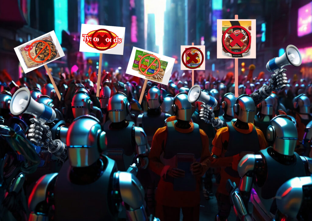 Crowd of humanoid robots in a city street holding megaphones and placards with crossed-out Tyson Foods products, representing an organized boycott driven by bots