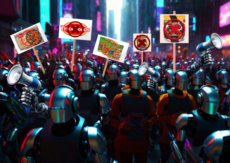 Crowd of humanoid robots in a city street holding megaphones and placards with crossed-out Tyson Foods products, representing an organized boycott driven by bots