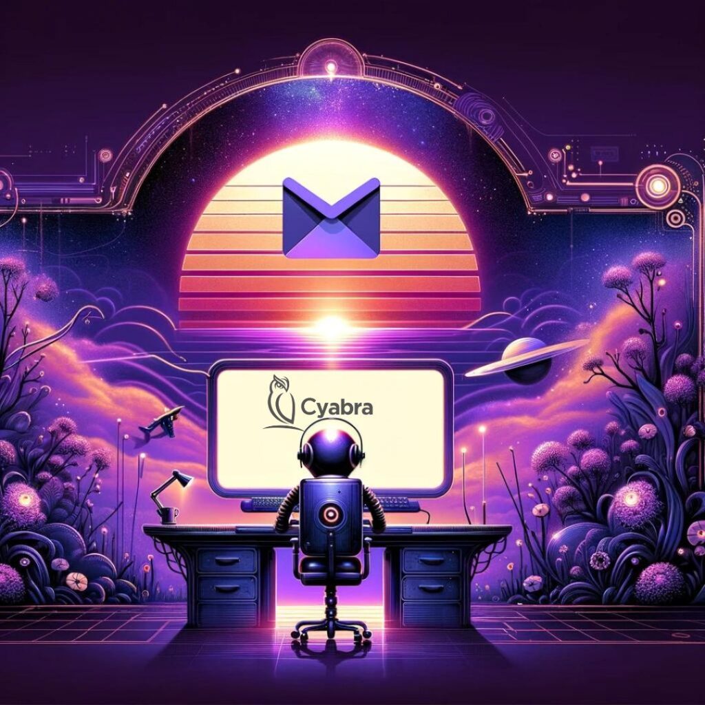 Futuristic illustration of a robot at a desk with a Cyabra-branded monitor facing a stylized digital sunset featuring a prominent Gmail envelope icon, set in a cosmic landscape with planets, circuitry, and glowing flora to evoke the theme of bots spreading the Gmail sunset hoax