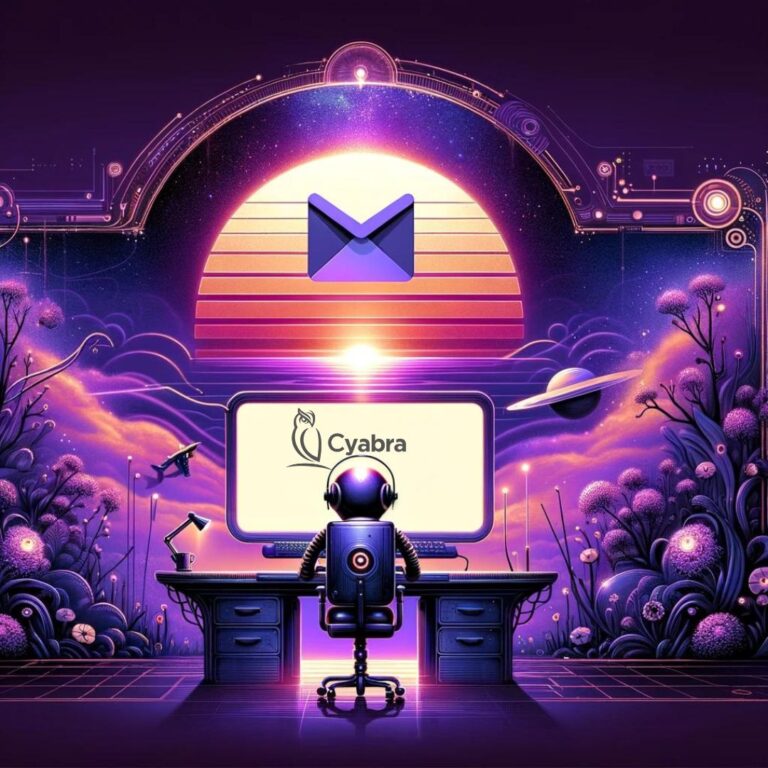 Futuristic illustration of a robot at a desk with a Cyabra-branded monitor facing a stylized digital sunset featuring a prominent Gmail envelope icon, set in a cosmic landscape with planets, circuitry, and glowing flora to evoke the theme of bots spreading the Gmail sunset hoax