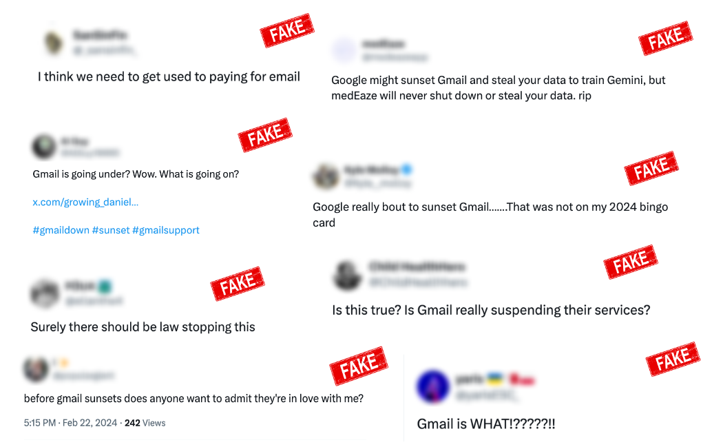 Collage of social media posts spreading the false claim that Gmail will shut down, each overlaid with a red “FAKE” stamp