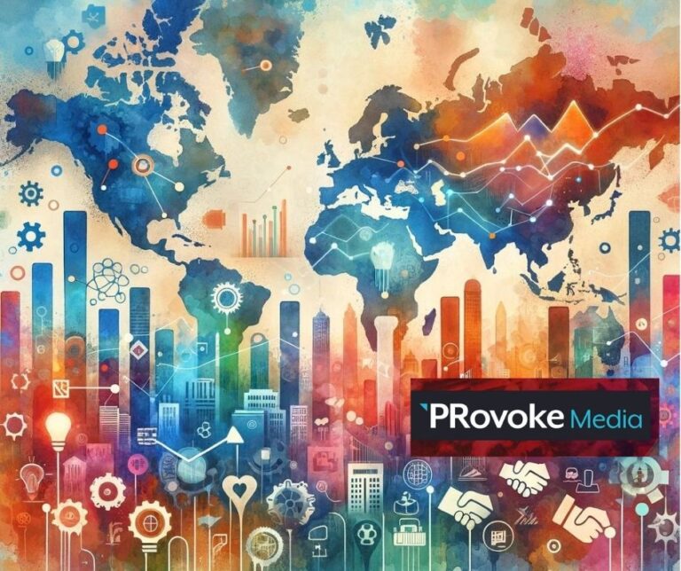 Colorful abstract world map overlaid with bar charts, line graphs, city skyline silhouettes, and business technology icons, featuring the PRovoke Media logo